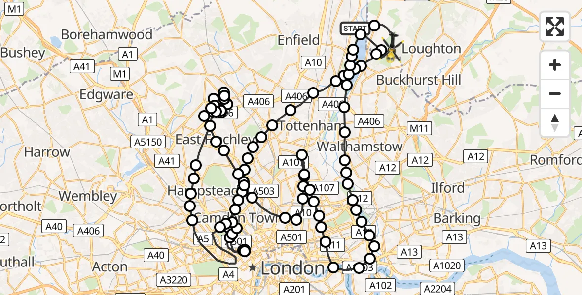 Flight route Police Helicopter Enfield - Chingford, 12 May 2026, 00:26