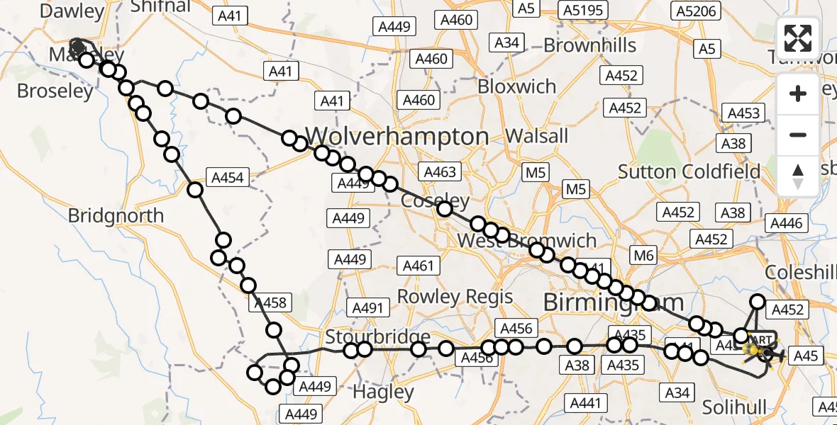 Flight route Police Helicopter Birmingham Airport - Solihull, 12 May 2026, 00:46