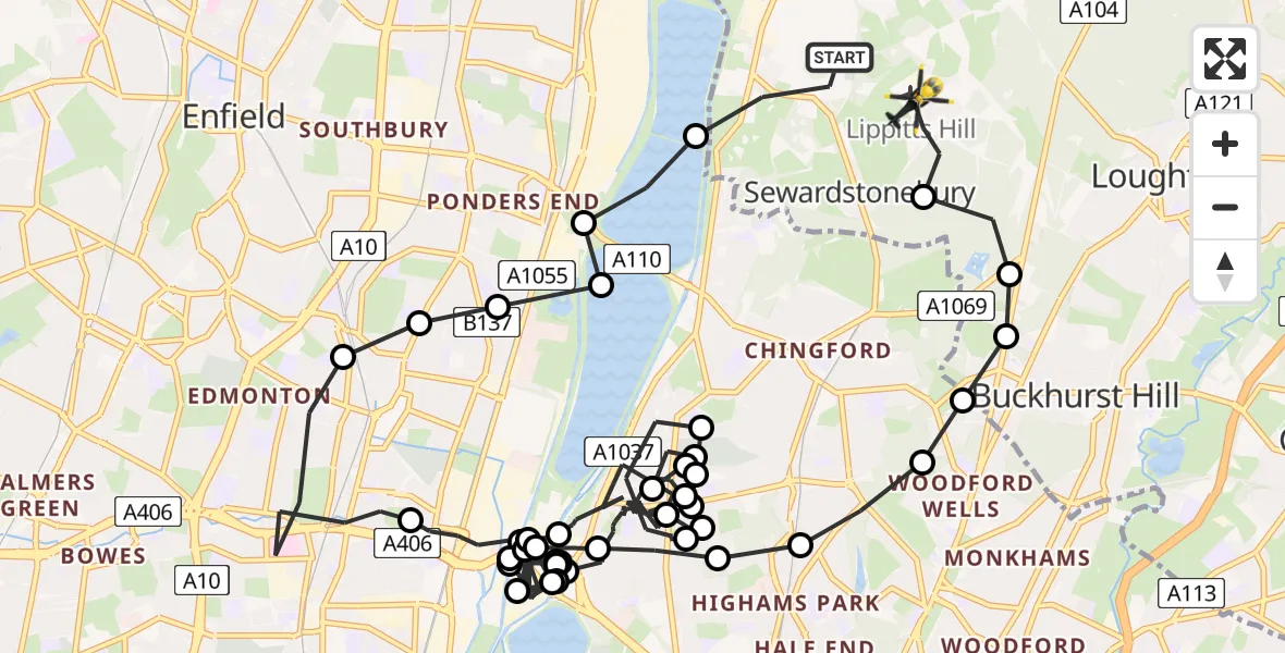 Flight route Police Helicopter Sewardstonebury - Metropolitan Police Air Support Unit Lippitts Hill, 12 May 2026, 06:52