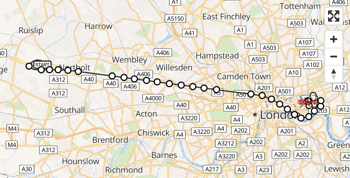 Flight route Air Ambulance Helicopter RAF Northolt - Royal London Hospital, 12 May 2026, 07:09