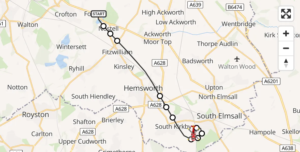 Flight route Air Ambulance Helicopter YAA Nostell Helicopter Port - South Kirkby, 12 May 2026, 07:14