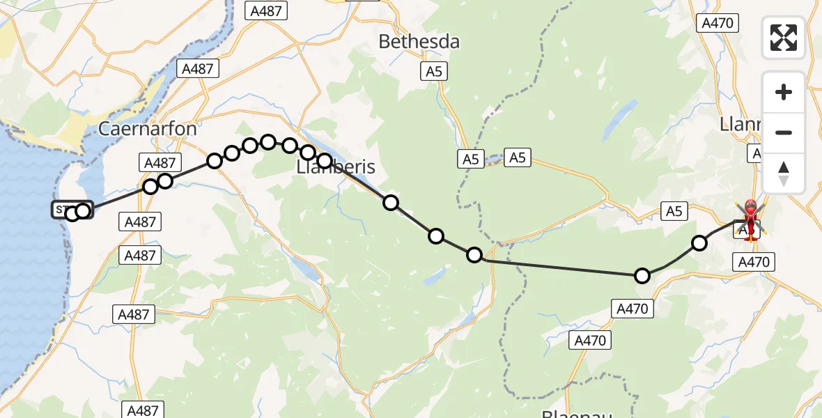 Flight route Air Ambulance Helicopter Caernarfon Airport - Betws-y-coed, 12 May 2026, 07:20