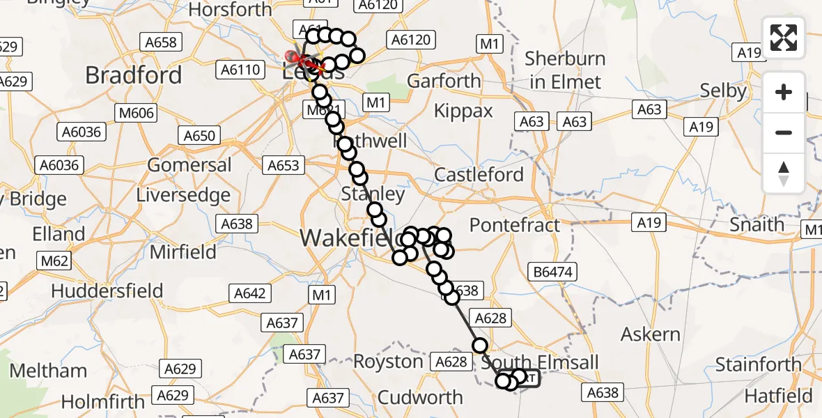 Flight route Air Ambulance Helicopter South Kirkby - Hyde Park, 12 May 2026, 07:49