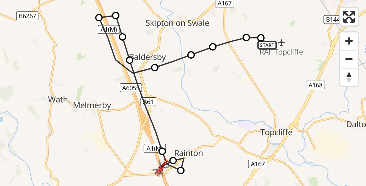 Flight route Air Ambulance Helicopter RAF Topcliffe - Hutton Conyers, 12 May 2026, 08:32