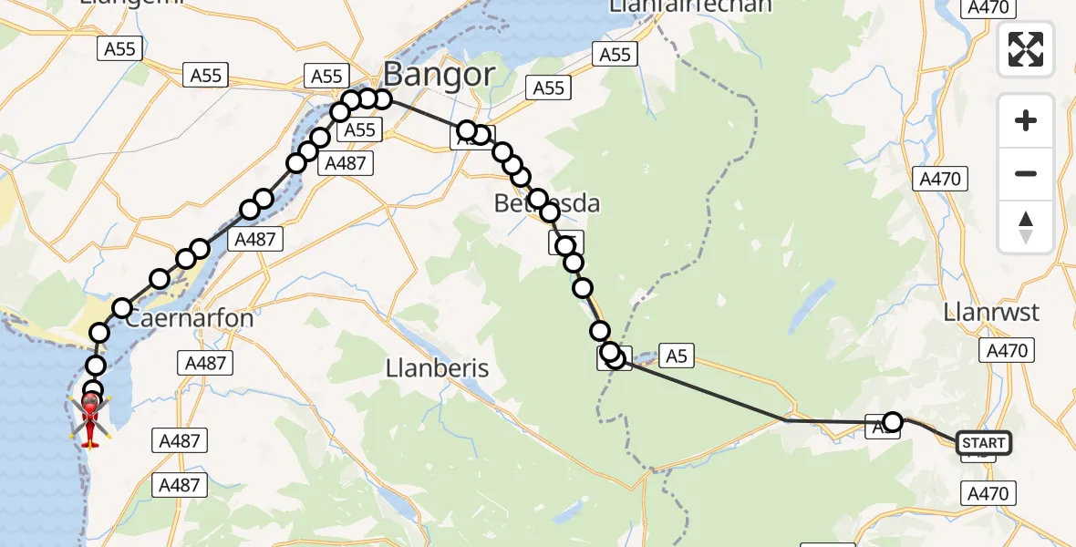 Flight route Air Ambulance Helicopter Betws-y-coed - Caernarfon Airport, 12 May 2026, 08:32