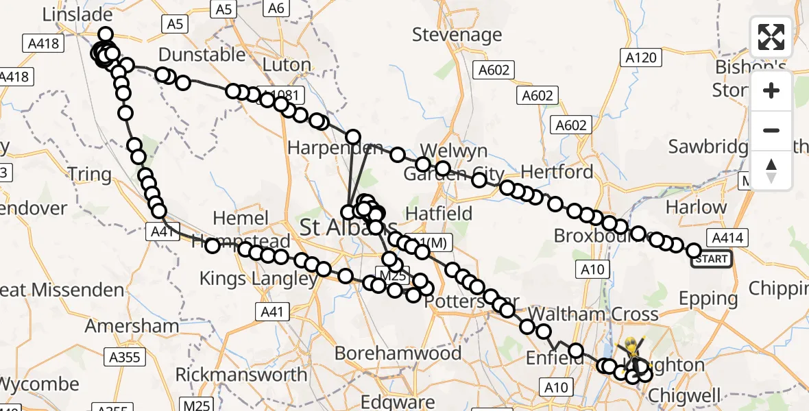 Flight route Police Helicopter Thornwood Common - Sewardstonebury, 12 May 2026, 08:44