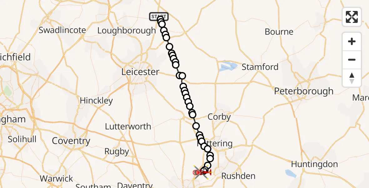 Flight route Air Ambulance Helicopter Rushcliffe - Sywell Aerodrome, 12 May 2026, 08:44