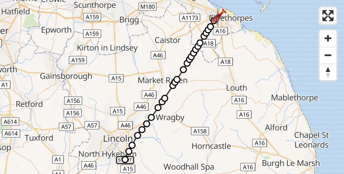 Flight route Air Ambulance Helicopter RAF Waddington - Grimsby, 12 May 2026, 08:47