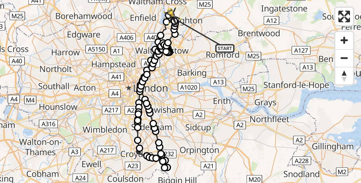 Flight route Police Helicopter Gidea Park - Metropolitan Police Air Support Unit Lippitts Hill, 12 May 2026, 08:48