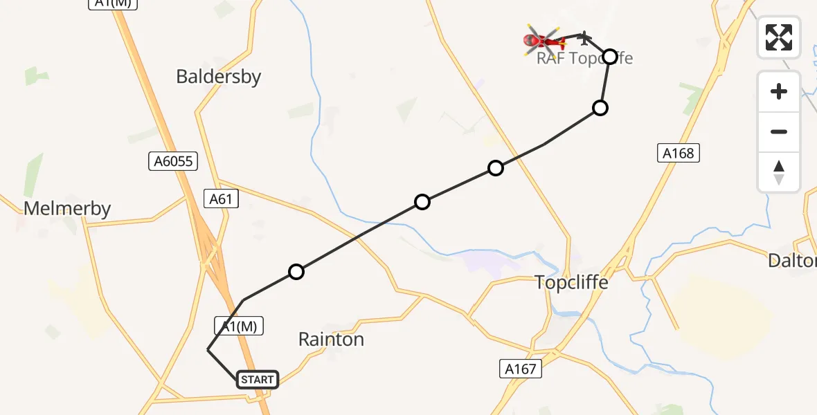 Flight route Air Ambulance Helicopter Hutton Conyers - RAF Topcliffe, 12 May 2026, 08:51