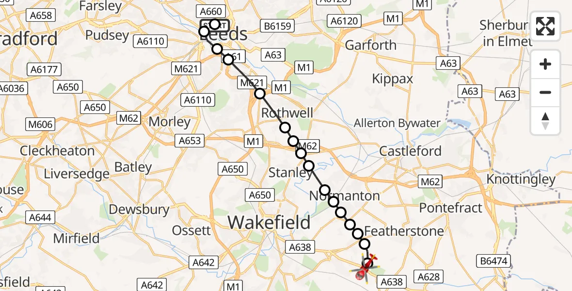 Flight route Air Ambulance Helicopter Woodhouse - YAA Nostell Helicopter Port, 12 May 2026, 08:52