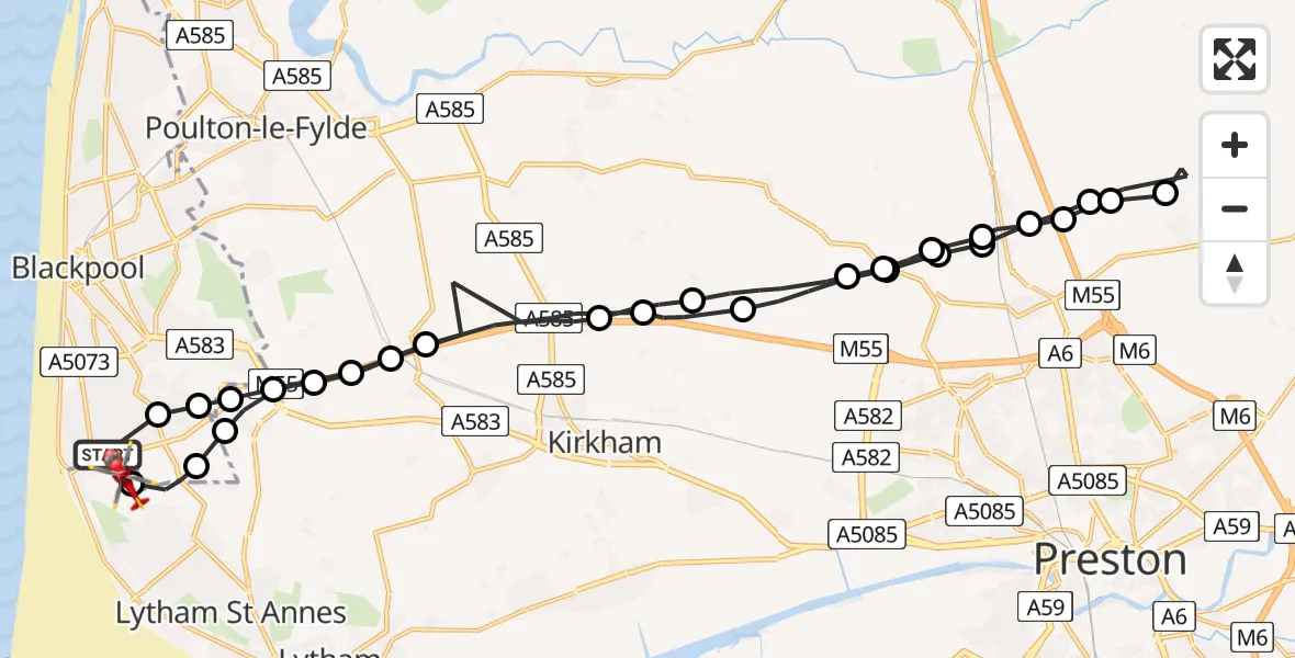Flight route Air Ambulance Helicopter Blackpool Airport - Blackpool Airport, 12 May 2026, 09:02