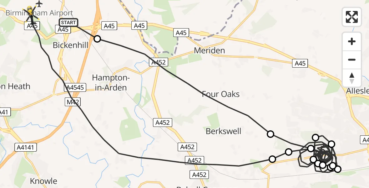 Flight route Police Helicopter Solihull - Birmingham Airport, 12 May 2026, 09:18