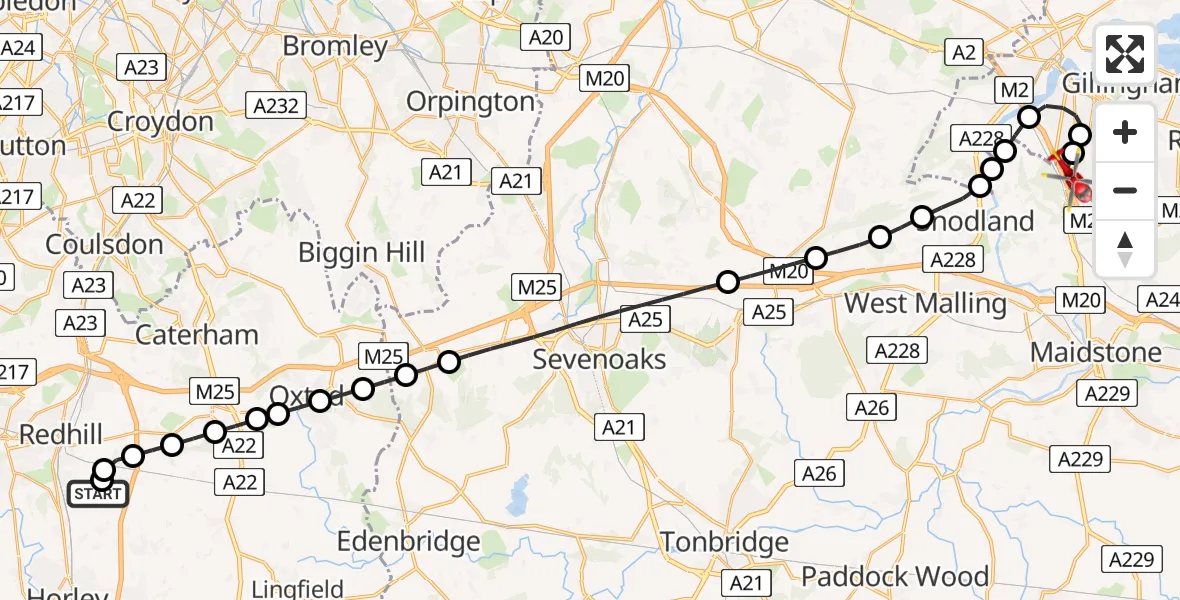Flight route Air Ambulance Helicopter Redhill Aerodrome - Rochester Airport, 12 May 2026, 09:24