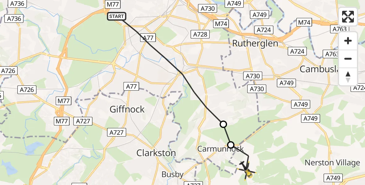 Flight route Police Helicopter Glasgow - Peel Park, 12 May 2026, 09:31