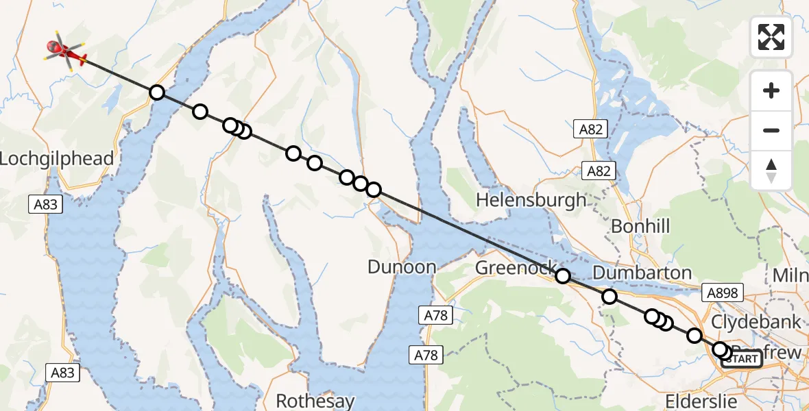 Flight route Air Ambulance Helicopter Glasgow Airport - Clachandubh, 12 May 2026, 09:36