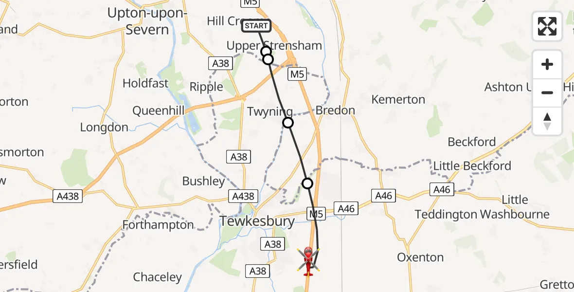 Flight route Air Ambulance Helicopter Upper Strensham - Tewkesbury, 12 May 2026, 09:39