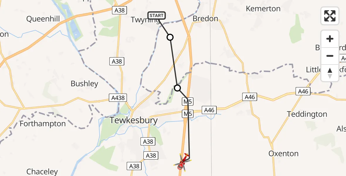 Flight route Air Ambulance Helicopter Tewkesbury - Tewkesbury, 12 May 2026, 09:40