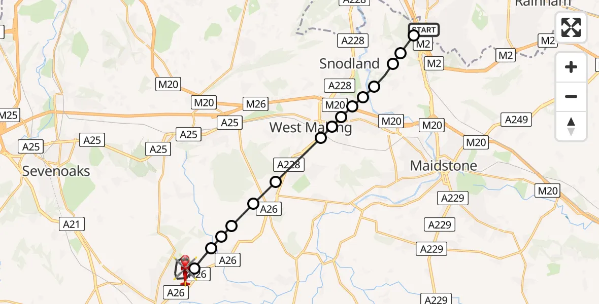 Flight route Air Ambulance Helicopter Rochester Airport - Tonbridge, 12 May 2026, 09:53