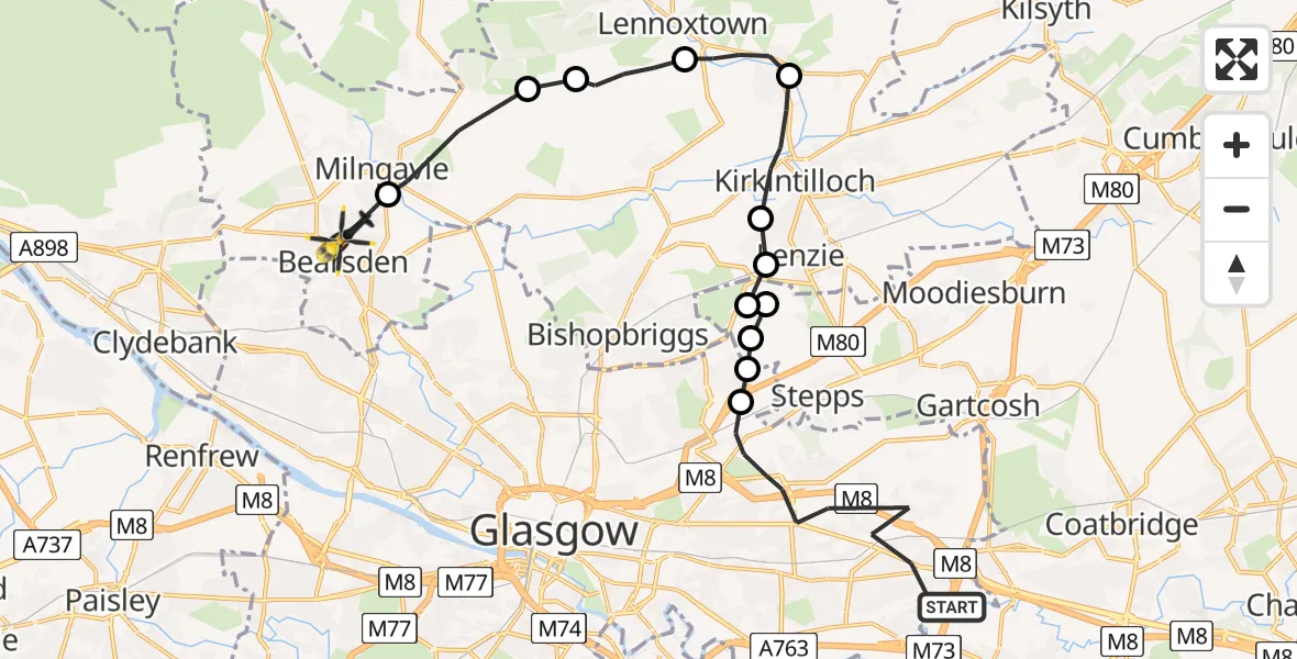 Flight route Police Helicopter Glasgow - Bearsden, 12 May 2026, 09:56