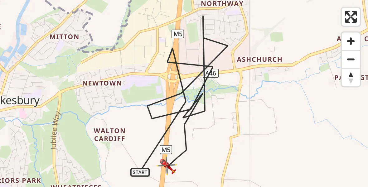 Flight route Air Ambulance Helicopter Tewkesbury - Tewkesbury, 12 May 2026, 09:57