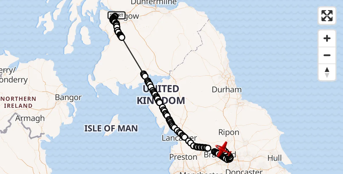 Flight route Air Ambulance Aircraft Glasgow Airport - Leeds Bradford Airport, 12 May 2026, 09:58
