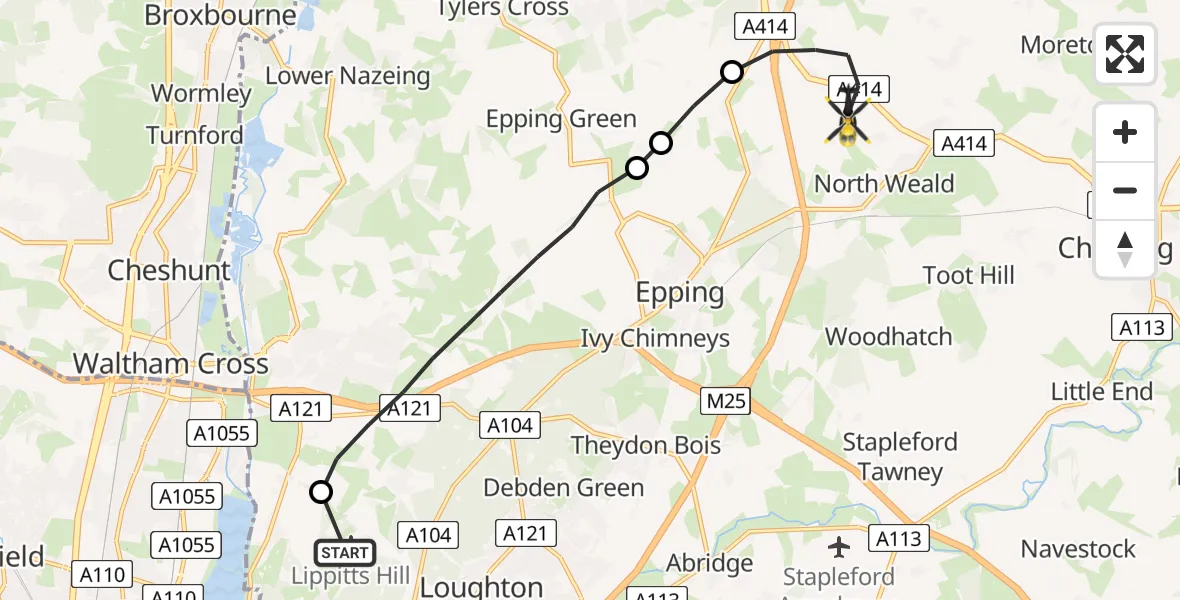 Flight route Police Helicopter Metropolitan Police Air Support Unit Lippitts Hill - North Weald Airfield, 12 May 2026, 10:00