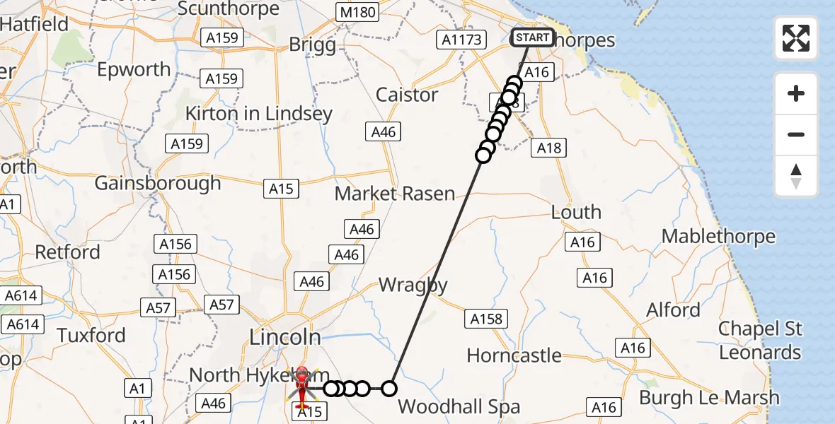 Flight route Air Ambulance Helicopter Grimsby - North Kesteven, 12 May 2026, 10:09