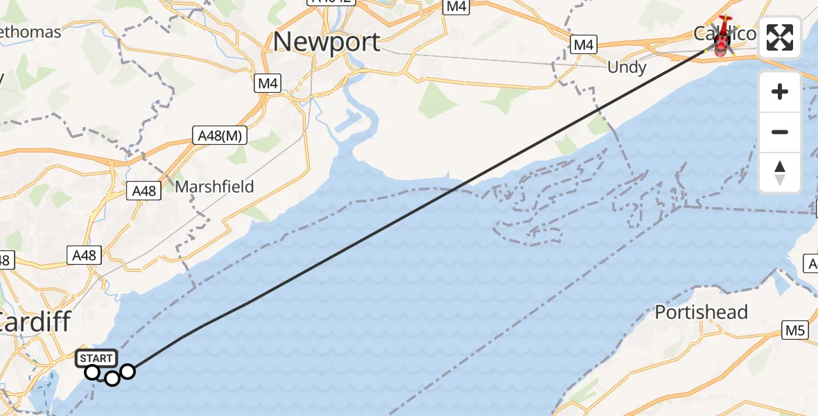 Flight route Air Ambulance Helicopter Cardiff Heliport - Caldicot, 12 May 2026, 10:09