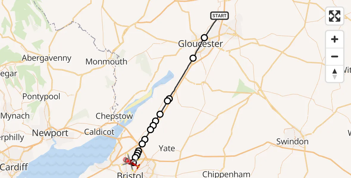 Flight route Air Ambulance Helicopter Tewkesbury - Bristol, 12 May 2026, 10:22
