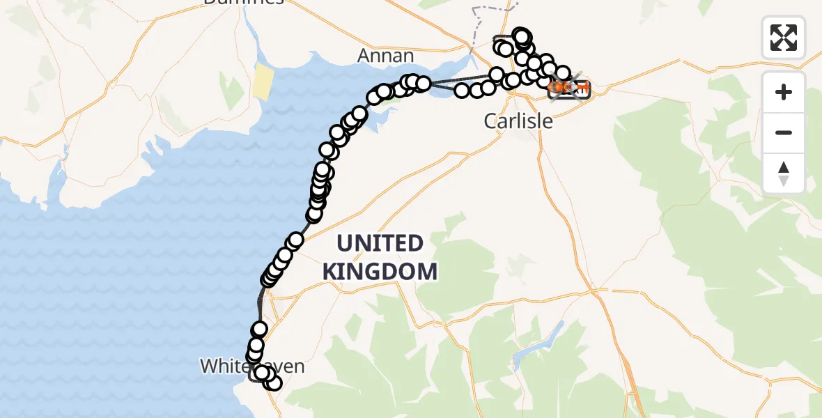 Flight route Coastguard Helicopter Carlisle Lake District Airport - Carlisle Lake District Airport, 12 May 2026, 10:35