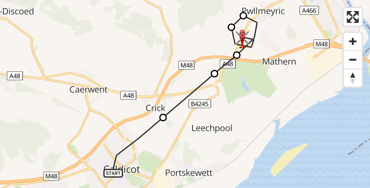 Flight route Air Ambulance Helicopter Caldicot - Mathern, 12 May 2026, 10:37