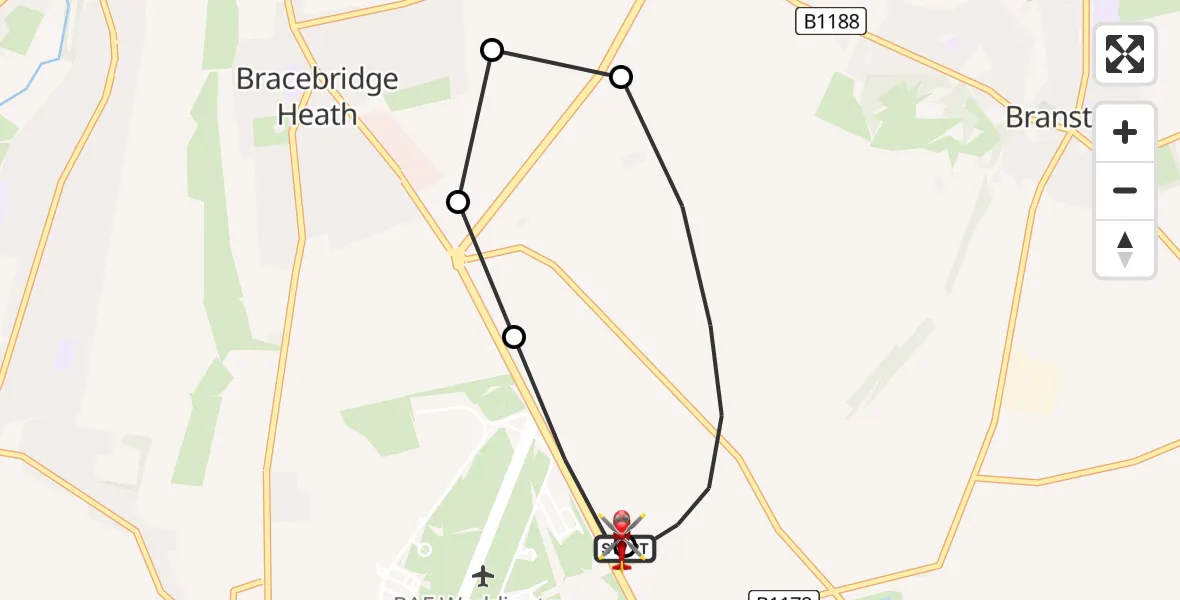 Flight route Air Ambulance Helicopter RAF Waddington - North Kesteven, 12 May 2026, 10:49