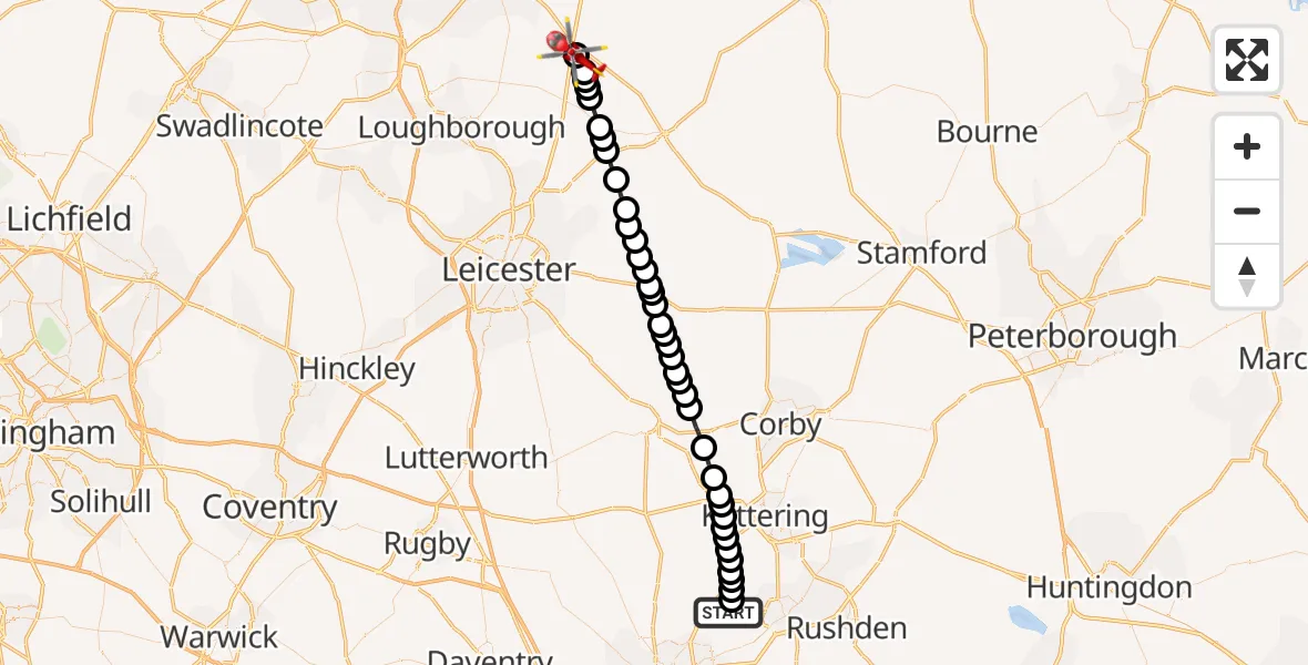 Flight route Air Ambulance Helicopter Sywell Aerodrome - Nottingham Heliport, 12 May 2026, 10:54