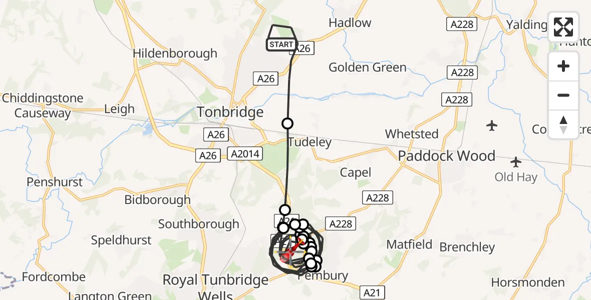 Flight route Air Ambulance Helicopter Tonbridge - Tunbridge Wells Hospital Heliport, 12 May 2026, 10:55