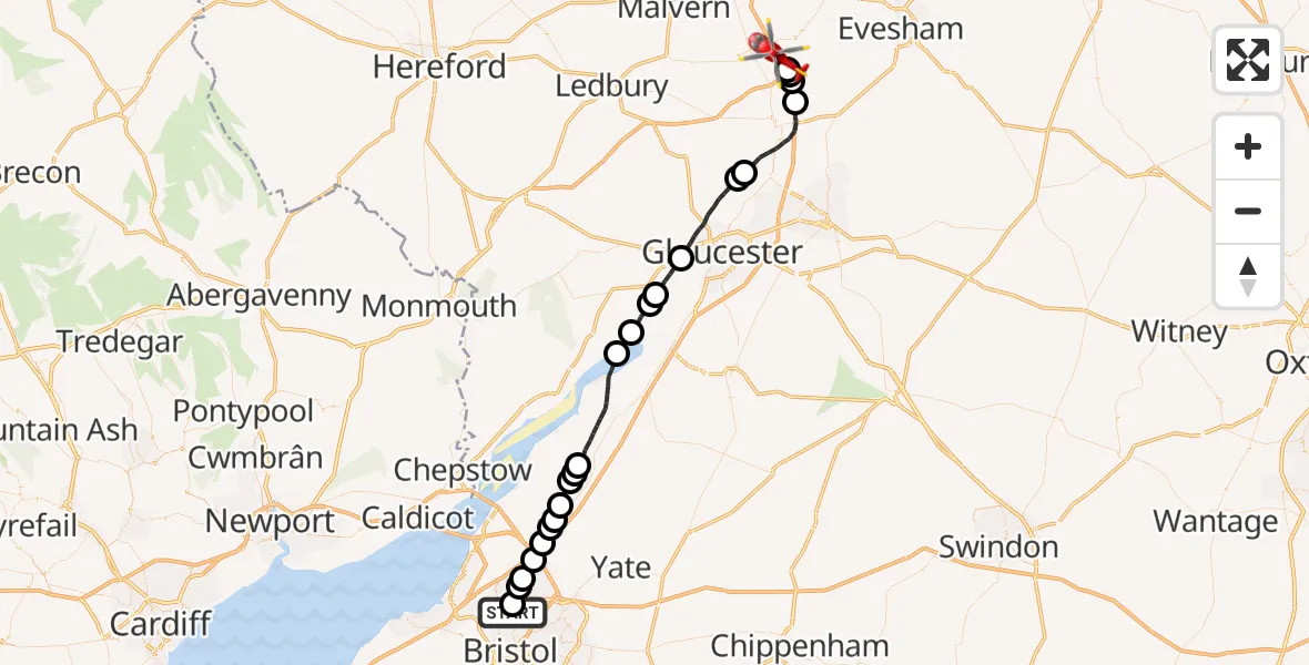 Flight route Air Ambulance Helicopter Southmead Hospital - Upper Strensham, 12 May 2026, 11:21
