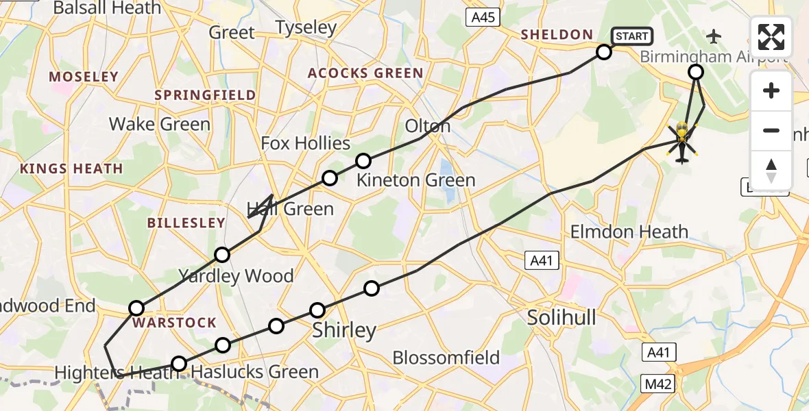 Flight route Police Helicopter Birmingham Airport - Solihull, 12 May 2026, 11:26