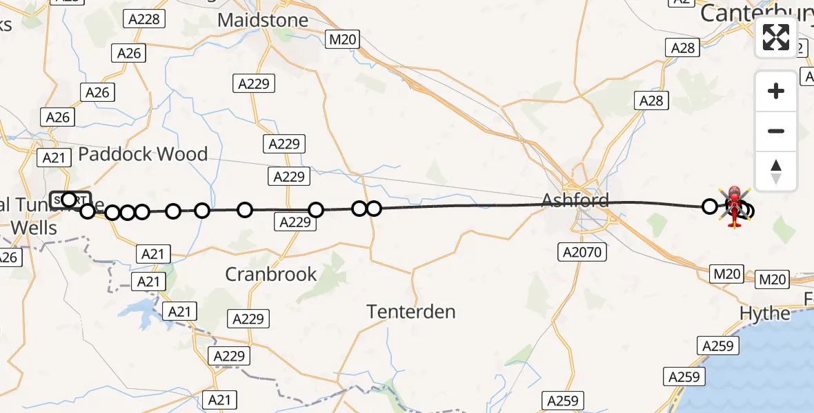 Flight route Air Ambulance Helicopter Tunbridge Wells Hospital Heliport - Lyminge Airstrip, 12 May 2026, 11:43