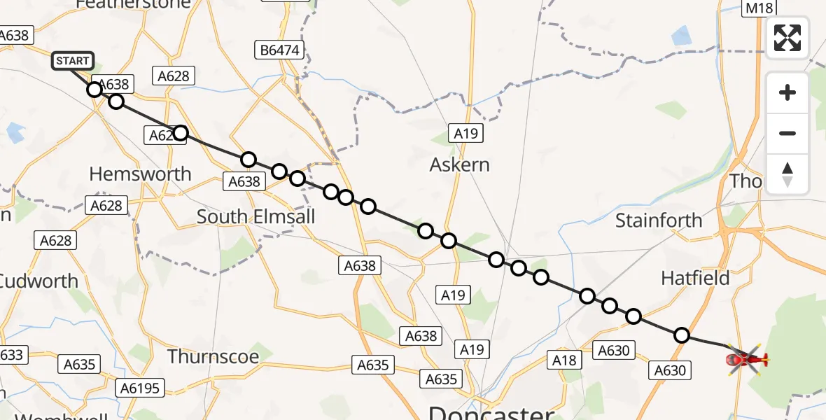 Flight route Air Ambulance Helicopter YAA Nostell Helicopter Port - Hatfield, 12 May 2026, 11:47