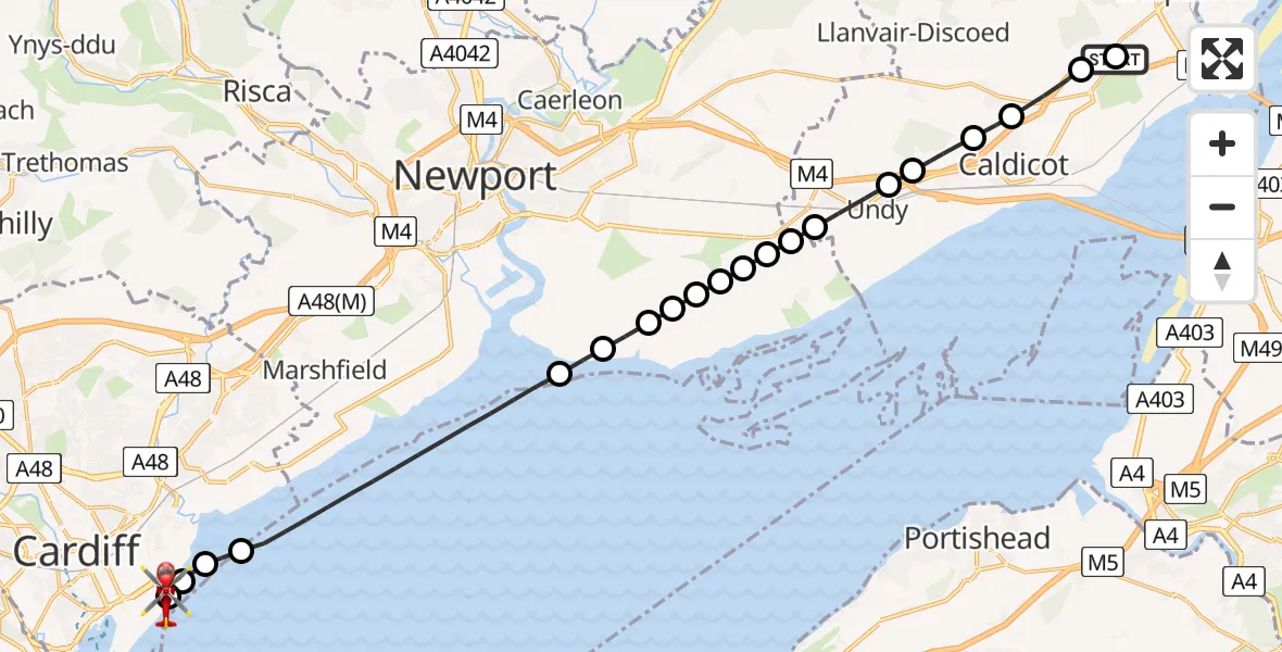 Flight route Air Ambulance Helicopter Pwllmeyric - Cardiff Heliport, 12 May 2026, 11:48