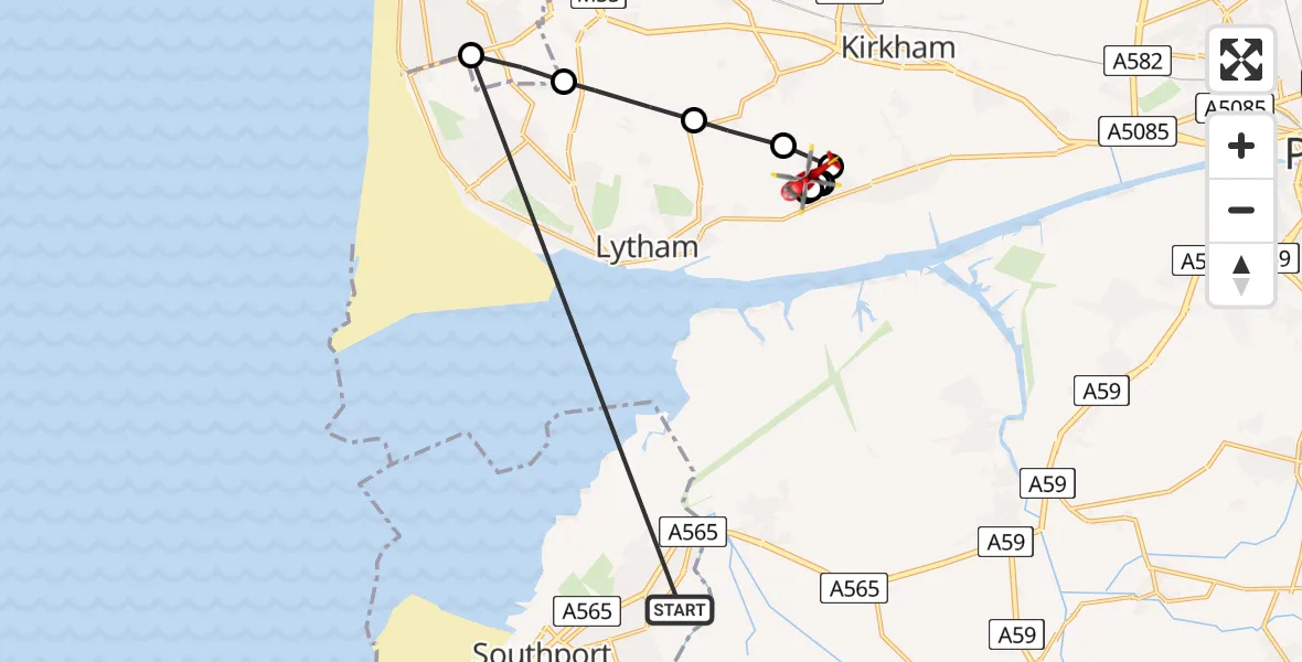Flight route Air Ambulance Helicopter Sefton - Warton, 12 May 2026, 12:07