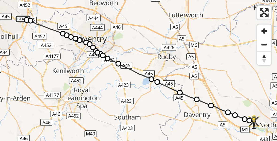 Flight route Police Helicopter Birmingham Airport - Harpole, 12 May 2026, 12:08