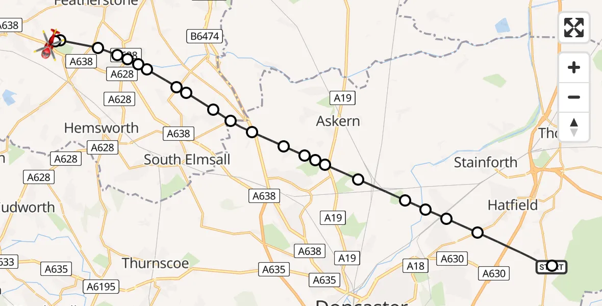 Flight route Air Ambulance Helicopter Hatfield - YAA Nostell Helicopter Port, 12 May 2026, 12:10