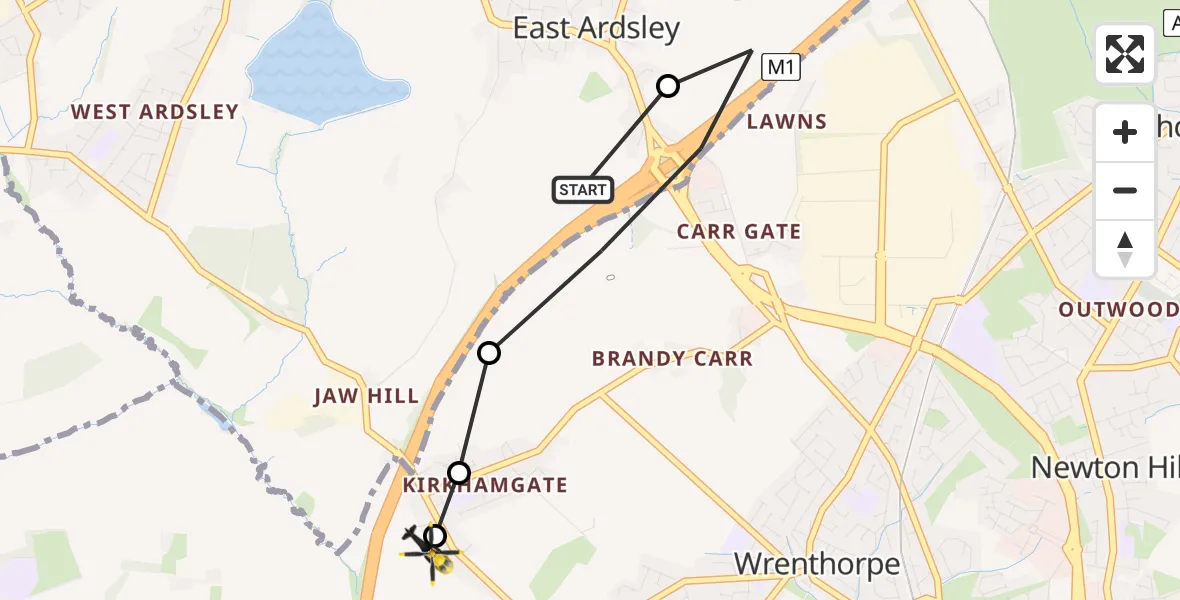 Flight route Police Helicopter East Ardsley - Ossett, 12 May 2026, 12:20