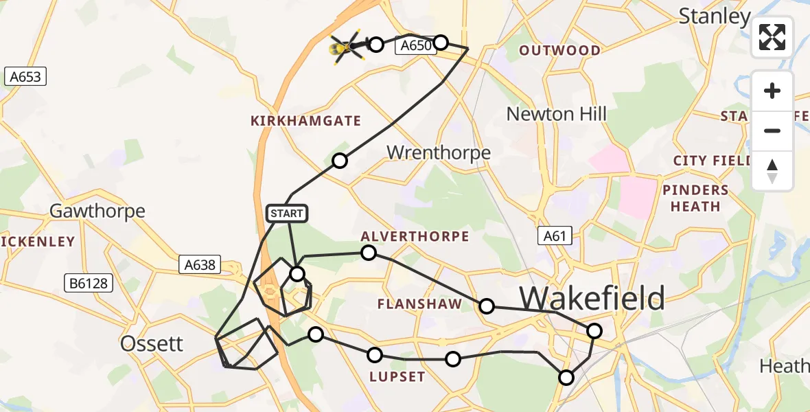 Flight route Police Helicopter Ossett - Wrenthorpe, 12 May 2026, 12:24