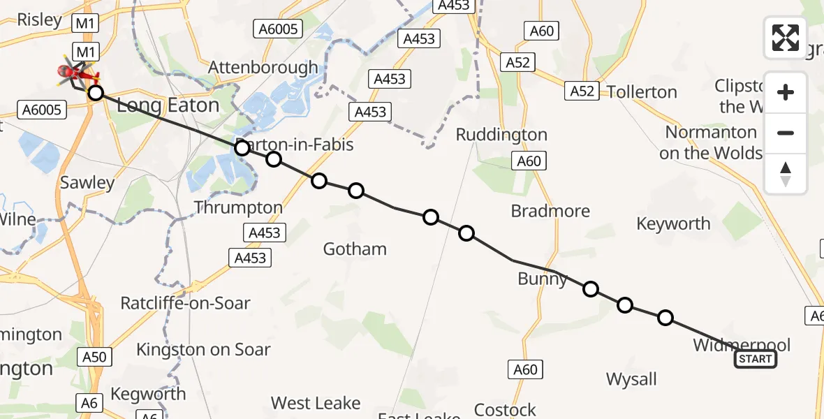 Flight route Air Ambulance Helicopter Widmerpool - Breaston, 12 May 2026, 12:26