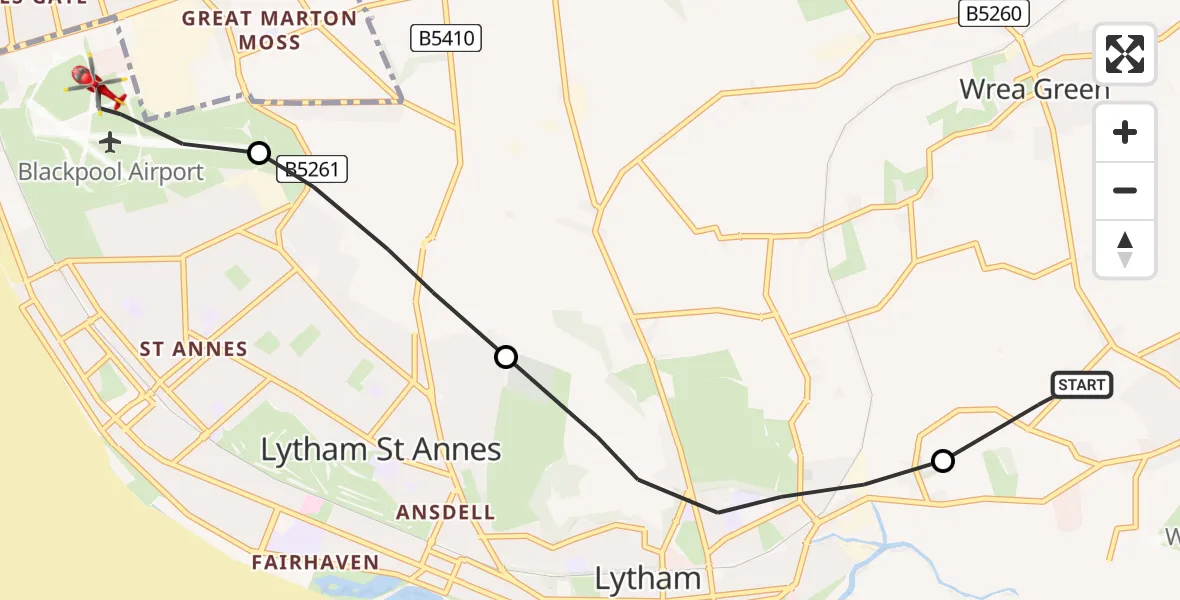 Flight route Air Ambulance Helicopter Warton - Blackpool Airport, 12 May 2026, 12:35