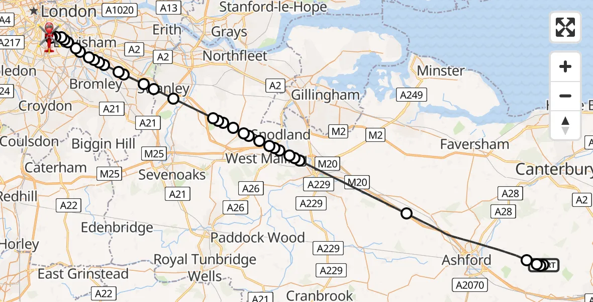 Flight route Air Ambulance Helicopter Lyminge Airstrip - Kings College London Hospital, 12 May 2026, 12:39
