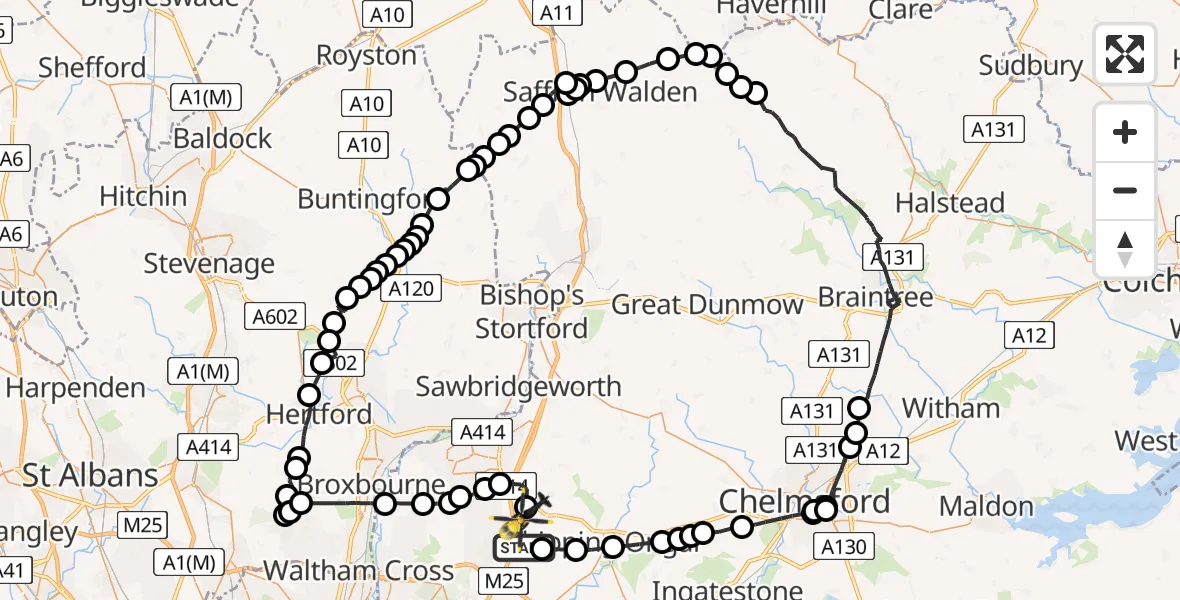 Flight route Police Helicopter Woodhatch - North Weald Airfield, 12 May 2026, 12:51