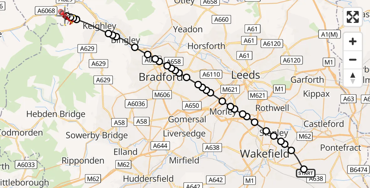 Flight route Air Ambulance Helicopter YAA Nostell Helicopter Port - Sutton, 12 May 2026, 12:55